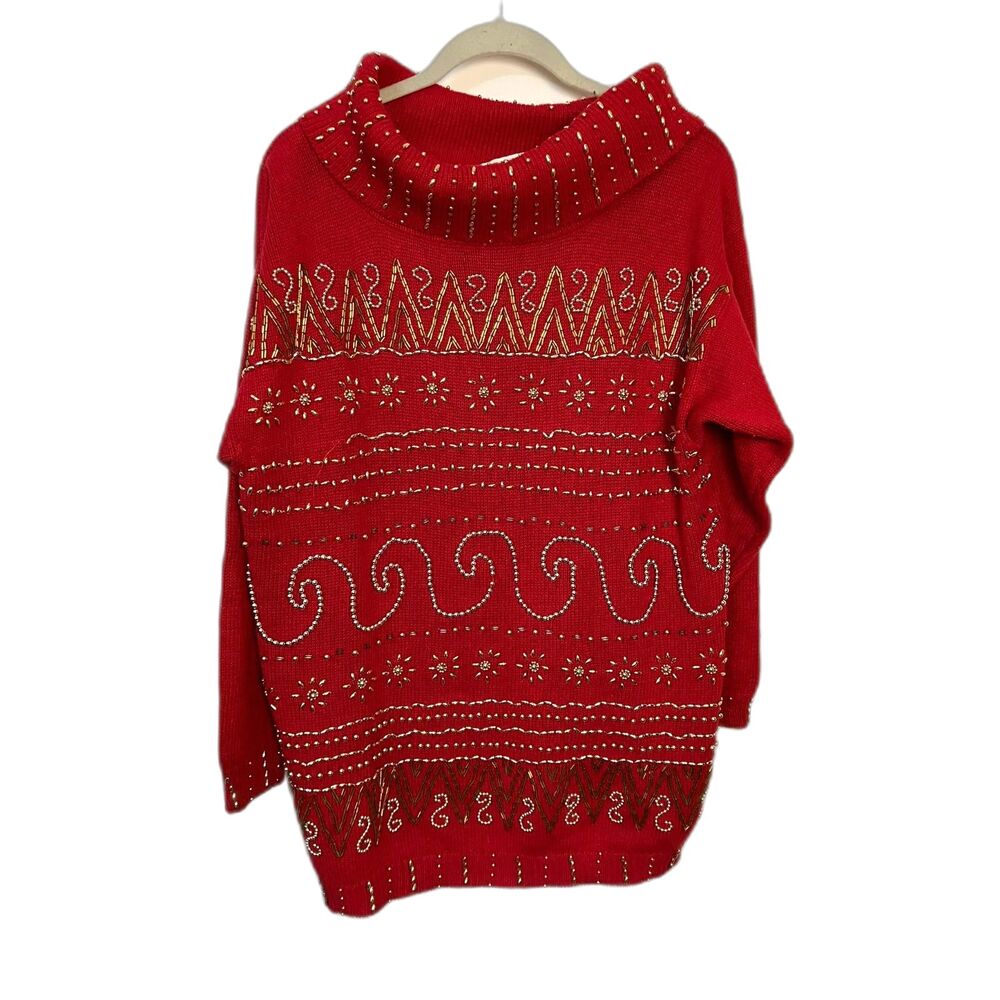 Red cowl neck sweater with full-front gold beads
